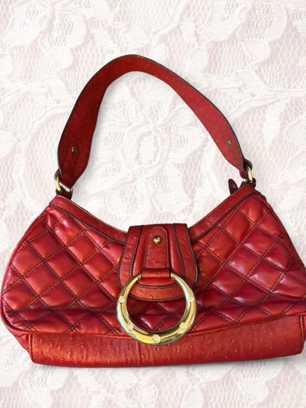 attention Red Quilted Shoulder Bag with Gold Ring Accent